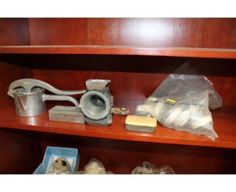 A Petroleum Silver King bike lamp, a mincer a Valet razor kit and a quantity of vintage bells