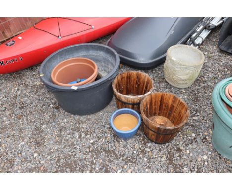 A pair of wooden planters; blue glazed planter etc