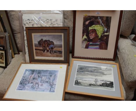 A pencil signed limited edition print depicting plough team, watercolour study of a landscape, John Weston pencil signed limi