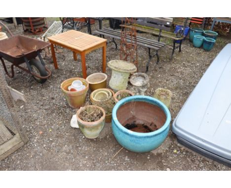 A large blue glazed garden planter AF; various concrete ornaments and planters; terracotta planters etc