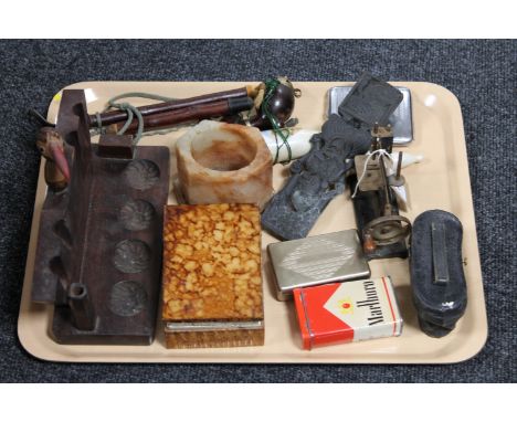 A tray of opera glasses, miniature sewing machine, pipe rack, cigarette case, box etc 