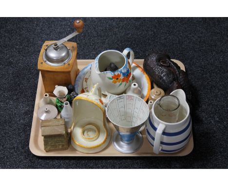 A tray of coffee grinder, Staffordshire milk jug, Cooks vintage measure, antique pie funnels etc 