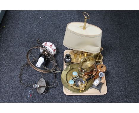 A tray of converted continental hanging oil lamp with shade, assorted brass and copper ware, plated vase etc 