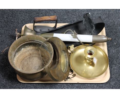 A tray of brass candlestick, eastern crescent moon brass mirror, flat iron etc 