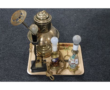 A tray of converted brass lantern, table lamps etc 