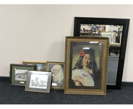 A black framed step mirror, gilt framed print - flamenco and four other framed pictures 