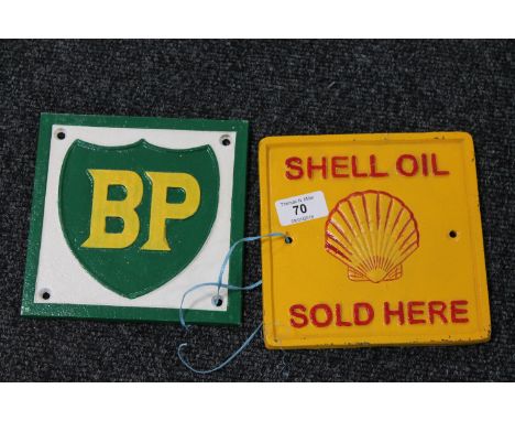 Two square cast iron signs - BP and Shell 