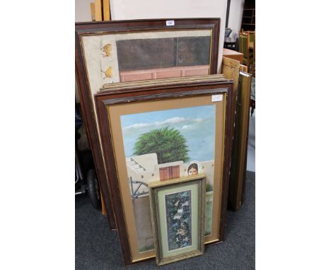 Nine framed pictures including eight framed and un-framed oils of Asian scenes, gilt framed hunting print 