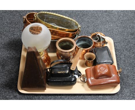 A tray of cameras, metronome, copper and brass planters. copper deco vase etc 