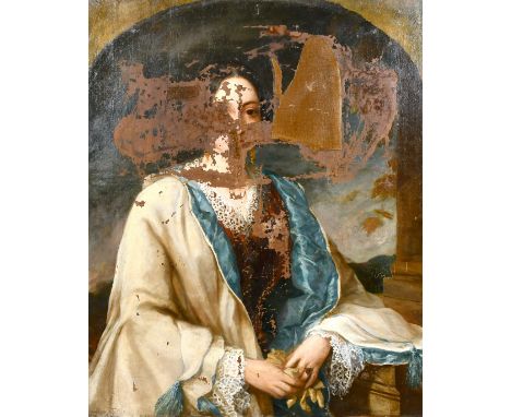 19th century French school, A portrait of a lady, oil on canvas, 36" x 28.5", (A/F).