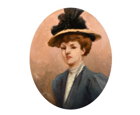 Late 19th century, A portrait of a lady in a hat, oil on canvas, 29" x 24", (oval), (unframed).