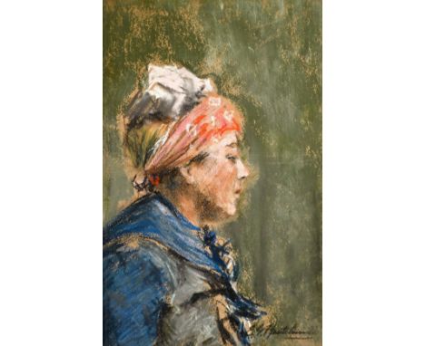 Circle of Robert Gemmel Hutchison R.B.A. (1860-1936) Scottish, Portrait of a child in a headscarf, pastels on card, bears sig