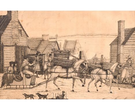 C. Circle of C. Krieghoff, a scene of a fur traders' station with figures on a horse drawn sled, pen &amp; ink, 21" x 14", (A