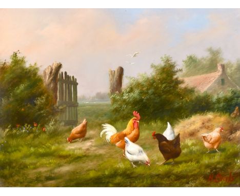 Hilaire Bols (20th century) Dutch, A scene of chickens by a gate in a field, oil on panel, signed. 7.5" x 9.5".