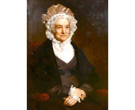 19th century English school, A portrait of a seated lady in a bonnet, oil on canvas, 36" x 28".