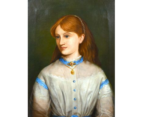 19th century school, A bust length portrait of a girl wearing a locket with the letters AEI, oil on canvas, 24" x 18".