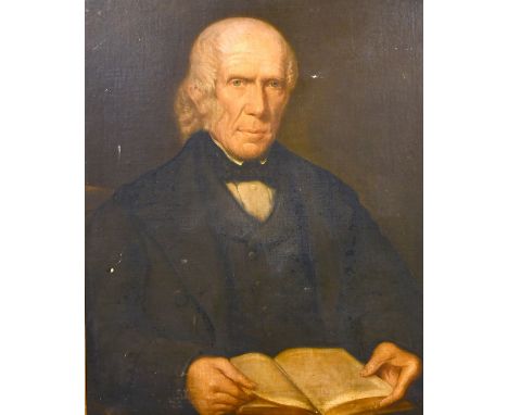 19th century English school, A half-length portrait of a gentleman with an open book, oil on canvas laid down, 30" x 25".