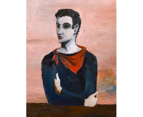 20th century school, A half-length portrait of a young man in a red scarf, oil on canvas, 20" x 16".