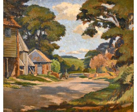 20th century English school, Scene of a tractor outside farm buildings, oil on board, 12" x 14".
