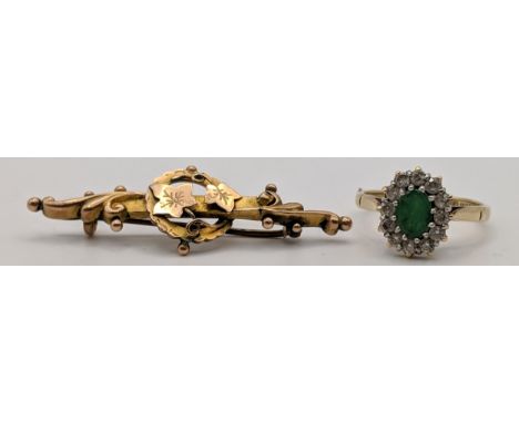 9ct gold to include a brooch with leaves and a ring set with an emerald 4.8gLocation: 