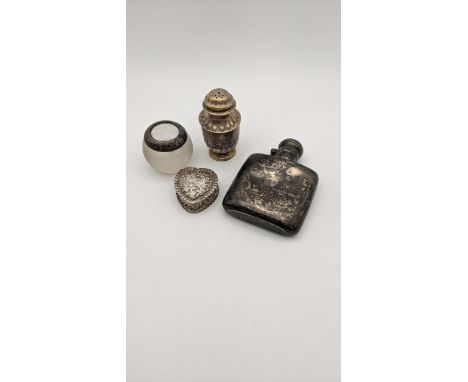 Mixed silver to include a floral embossed trinket, a hip flask, pepper pot and one otherLocation: 