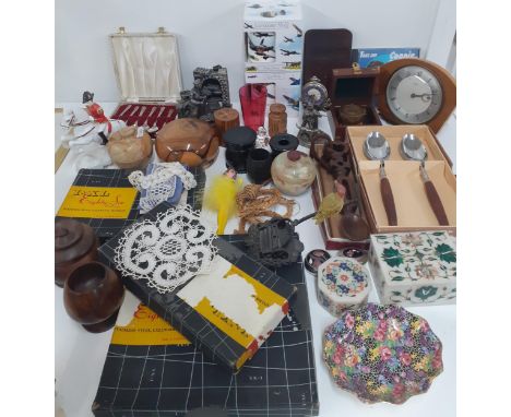 Collectables to include a cranberry glass beaker, decorative treen boxes, retro cutlery and a Royal Winton 'Hazel' trinket di