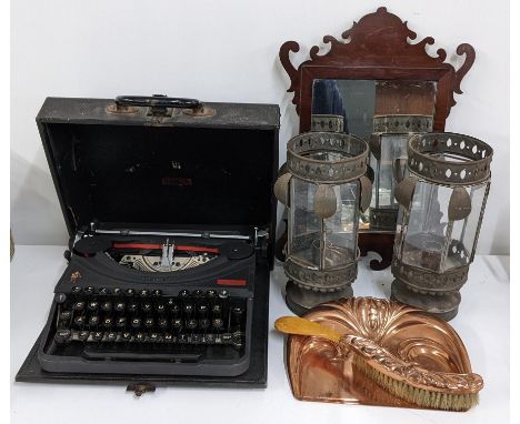 A mixed lot to include a Chippendale style mahogany mirror, crumb tray and brush, Oliver typewriter, lanterns and other items