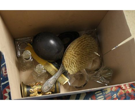 Two boxes including silver back brush, oil lamp etc.