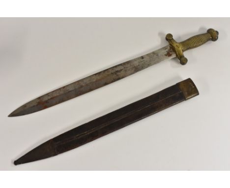A French 1831 pattern pioneer's sword, 48.5cm pointed double-edged blade marked Talabotes, Paris, the brass cross-guard hilt 