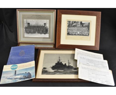 Naval History - Granville Reuben Poole, three documents, framed photo and booklet of HMS Kenya, launch document, framed photo