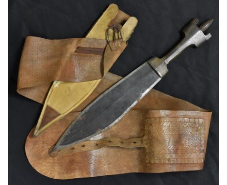 An African dagger, 25cm broad double-edged blade, horn hilt, leather scabbard and belt, 42.5cm long overall 