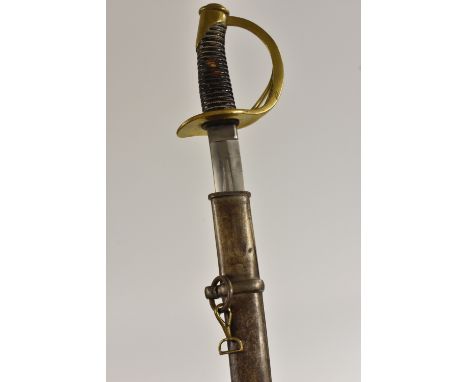A French 1822 pattern light cavalry sabre, 90cm curved fullered blade, marked FH, brass hilt, wire-bound grip, steel scabbard