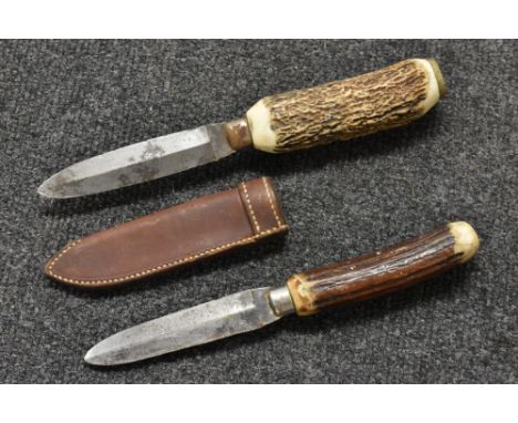 An early 20th century hunting knife, by George Ibberson, Sheffield, retailed by Swaine &amp; Adeney, stag horn hilt, leather 