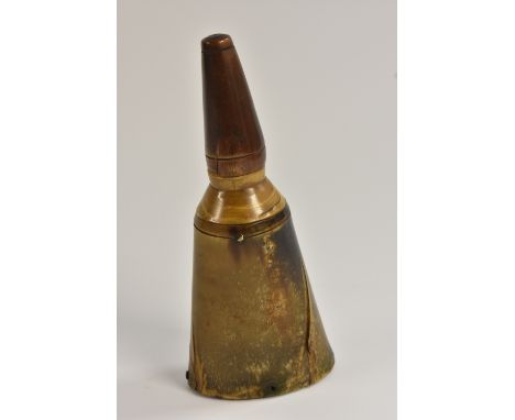 A 19th century cattle horn powder flask, lofty screw-fitting cover, 14cm long, c.1840