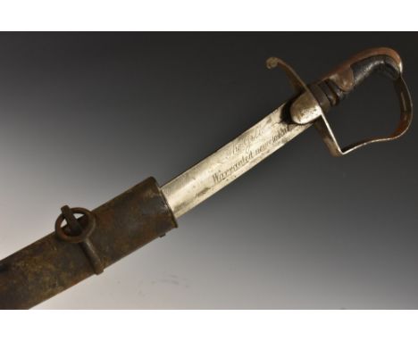 A 1796 pattern light cavalry sword, 82cm curved fullered blade, stirrup-shaped hilt, ribbed grip, steel scabbard, 100cm long 
