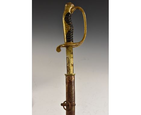 A French/Prussian officer's sword, 73cm slightly curved fullered blade, lacquered brass hilt, wire-bound steel scabbard, 90.5