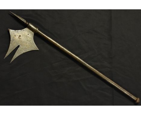 An India bullova axe, etched blade, gold and silver kotigari, ball pommel, 63.5cm long 