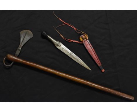 An African nzappa zap-type axe, iron fan-shaped blade, 70cm long overall; an African belt dagger, (2) 