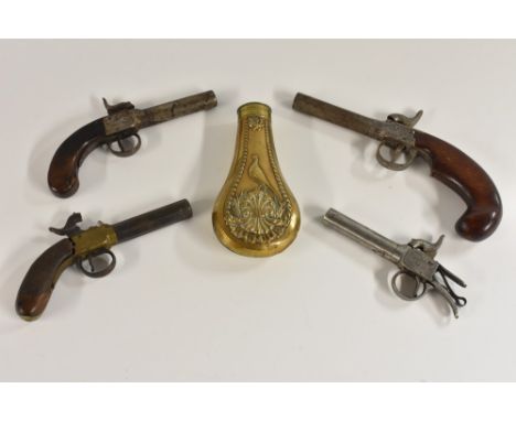 A 19th century percussion cap pistol, 8.5cm barrel, the lock plate chased with foliate scrolls, walnut stock, 18cm long overa
