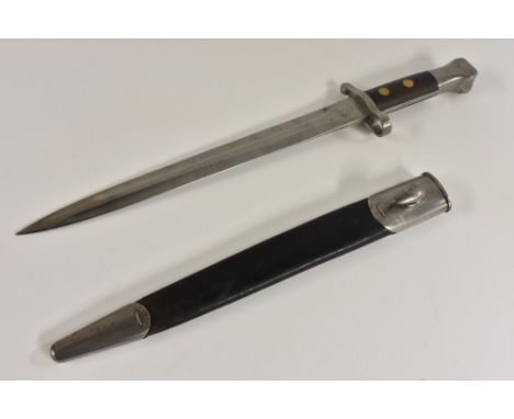 A British Pattern 1882 pattern MkII Lee Metford bayonet, 30.5cm blade, two-piece wooden grip, leather and steel scabbard, 44c