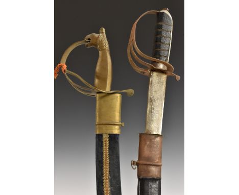 An Indian sabre, 76.5cm curved blade, brass hilt with ;ion mask pommel, velvet covered scabbard, 99cm long; another, similar 