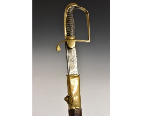 An unusual George III Pipeback officer's sword, Prosser's patent pipeback 78.5cm blade etched with allegorical figures of Ath