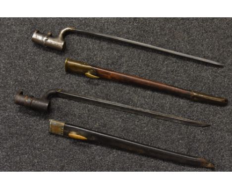 A British 1853 Pattern socket bayonet, brass-mounted leather scabbard; an early 19th century socket bayonet, possibly for a f
