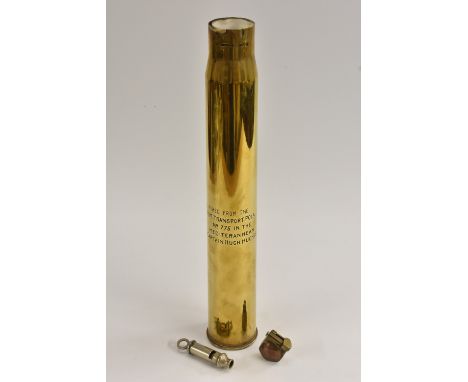 Trench Art - a Vickers Mark II shell case, inscribed Fired From The H.M. Transport Pola, No. 775 In The Mediterranean, Captai