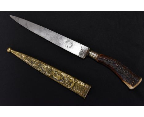 A Portuguese knife or dagger, 15.5cm blade, antler handle, 26cm long overall, brass scabbard