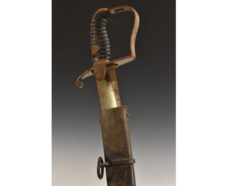 A 1796 pattern light cavalry sword, 82cm curved fullered blade, stirrup-shaped hilt, ribbed grip, steel scabbard, 100cm long 