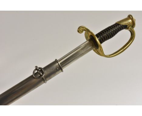 A French 1845 pattern officer's sword, 77.5cm slightly curved fullered blade, inscribed to spine, brass hilt cast with scroll