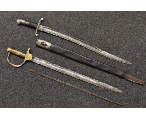 A Whiworth Rifle bayonet, 1 of 9000 made, round mortice, steel-mounted leather scabbard; an Indian Baker bayonet, (2) 