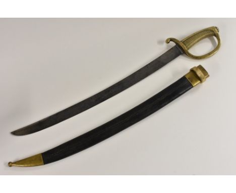 A French 1808 pattern marine cutlass, 58.5cm curved blade, brass stirrup hilt with curved quillon and ribbed grip, 72.5cm lon