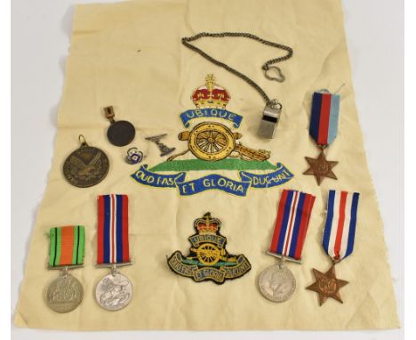 World War II - Medals, France and Germany Star; 1939-45 Star; 1939-45 Medal [2]; Defence Medal; embroidery, Royal Artillery; 